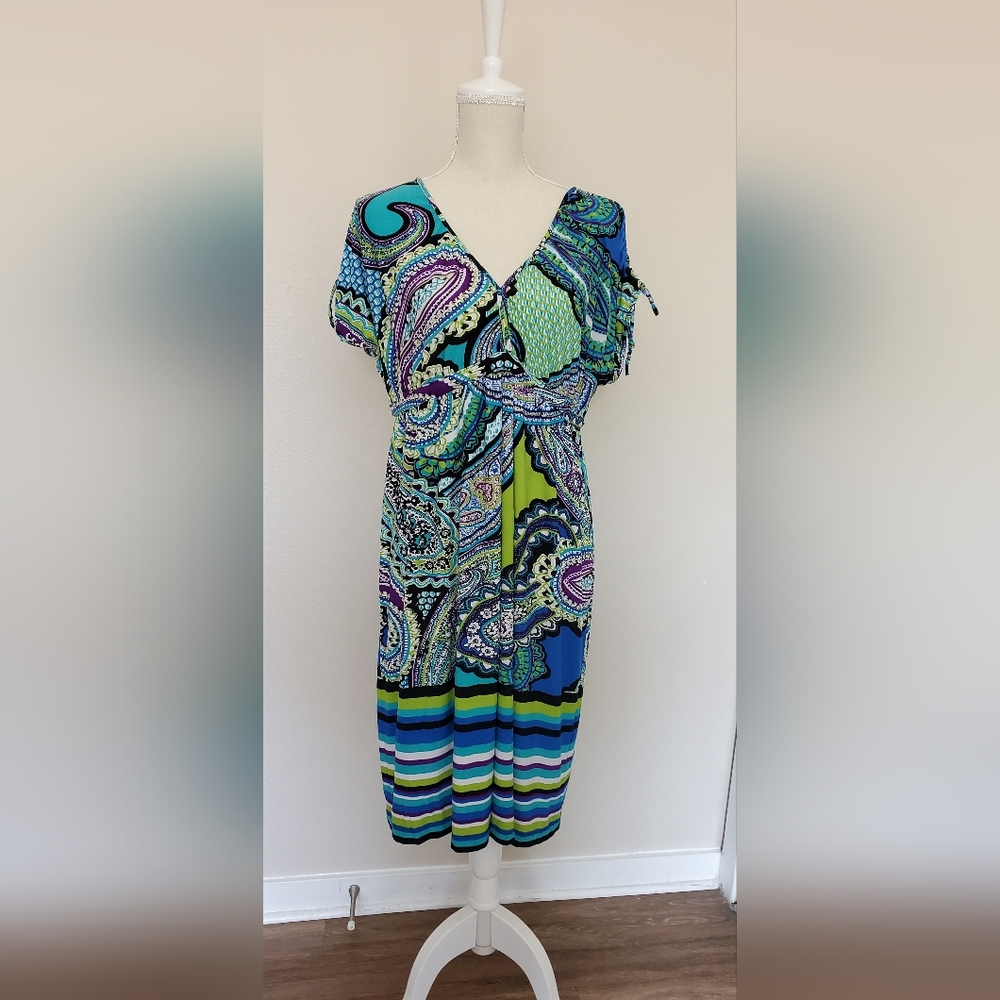 Soho Vibrant Paisley Midi Dress in Blue and Green Size 14